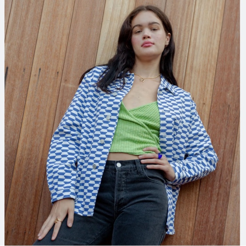 LISA SAYS GAH Blue and White Denim Jean Jacket/ Chore Coat size M/L